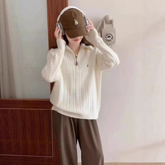 设计感半拉链慵懒风翻领时尚气质休闲毛衣女宽松小马刺绣针织衫女
