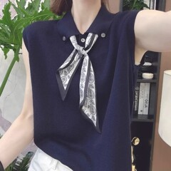 带丝巾针织衫女2025夏季新款时尚无袖小翻领洋气高级打底衫上衣潮