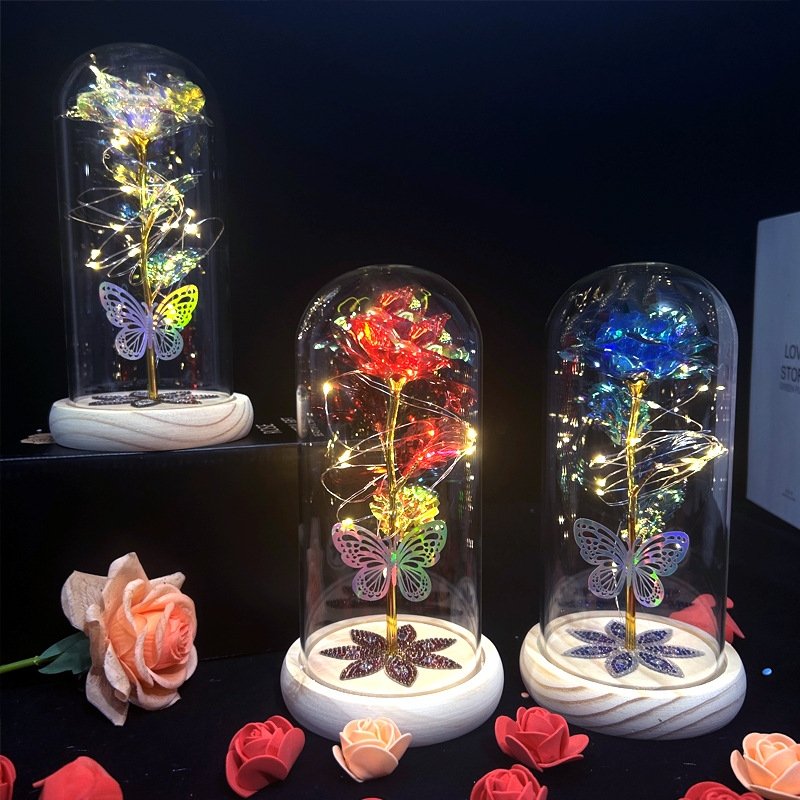 Cubierta de cristal de flor preservada, luz nocturna rosa de lámina dorada, 520, regalo de cumpleaños para el Día de San Valentín, adorno de Navidad