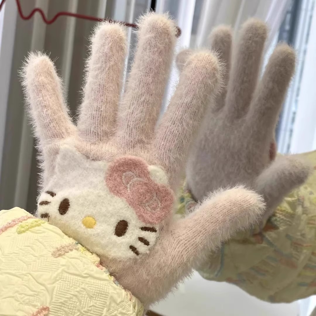 少女心kt猫手套女冬季电动车骑行分指保暖防寒防冻毛茸茸学生可爱