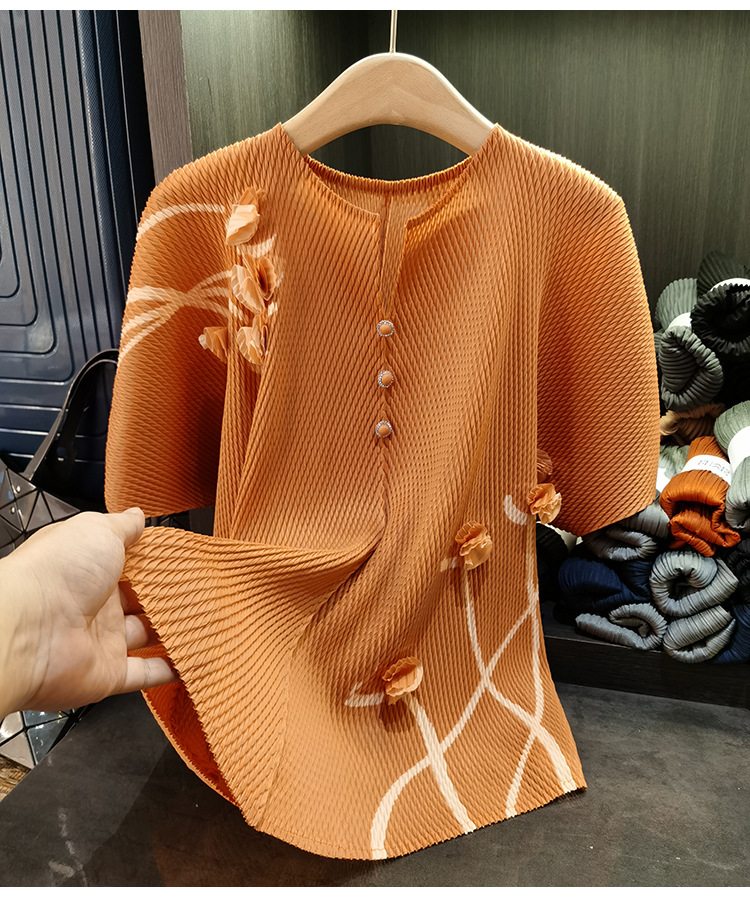 Áo kiểu nữ cổ V tay cánh dơi xếp ly vảy cá dáng rộng mùa hè — quả cam, đậu xanh, hoa hồng đỏ, màu xanh lá cây chi tiết 15