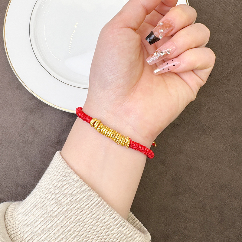 Guochao antiguo pulsera de oro martillo retrógrado anillo de oro estricado cintura universal cuerda roja tejida pulsera no se desvanece joyas