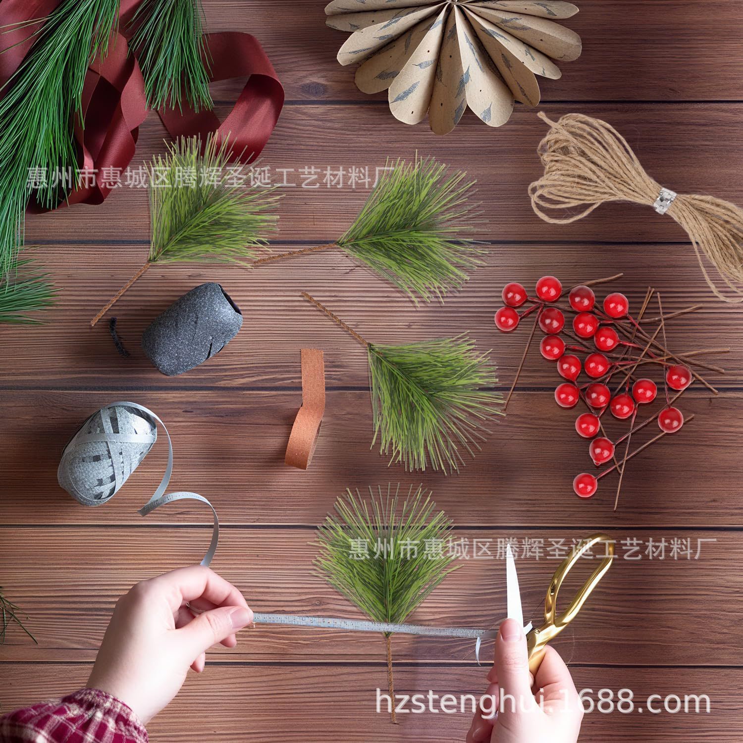 Artificial green pine needle branches red berries green stems mini…