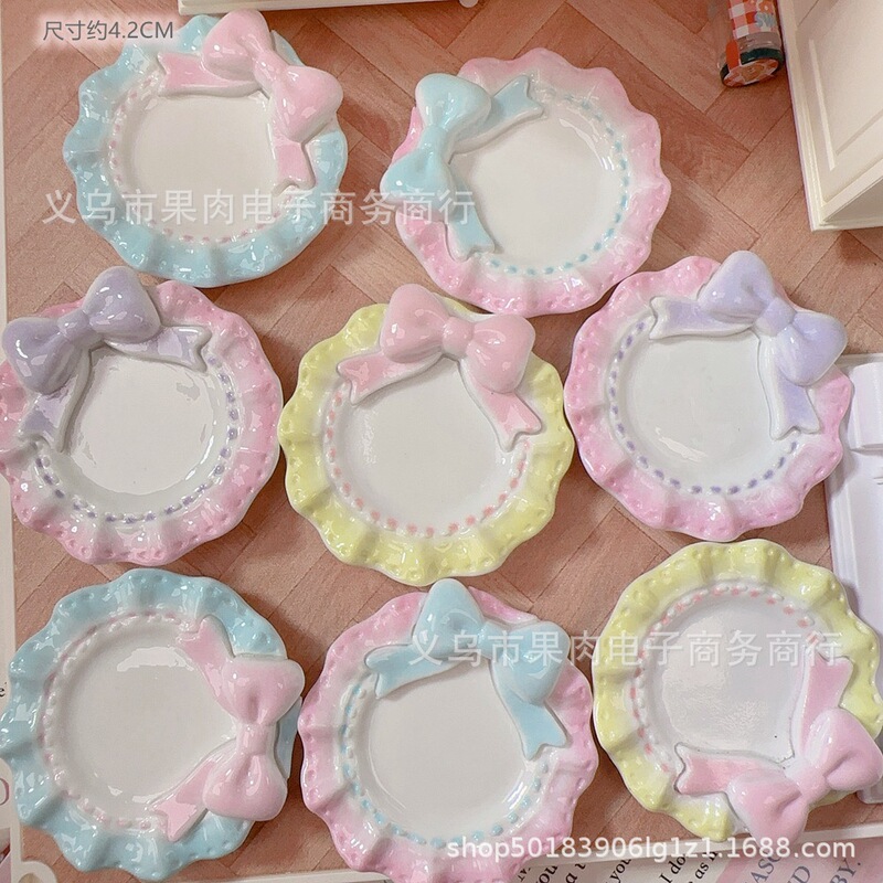 【独】立体蝴蝶结波浪盘子diy仿真微缩餐盘食玩树脂配件捏捏盘子|undefined