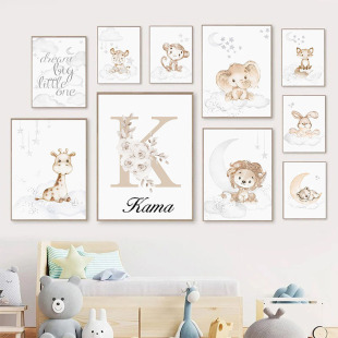 Customized name Cartoon Animal Children's English name Alphabet Bedroom Canvas Hanging Painting Decorative Painting Core