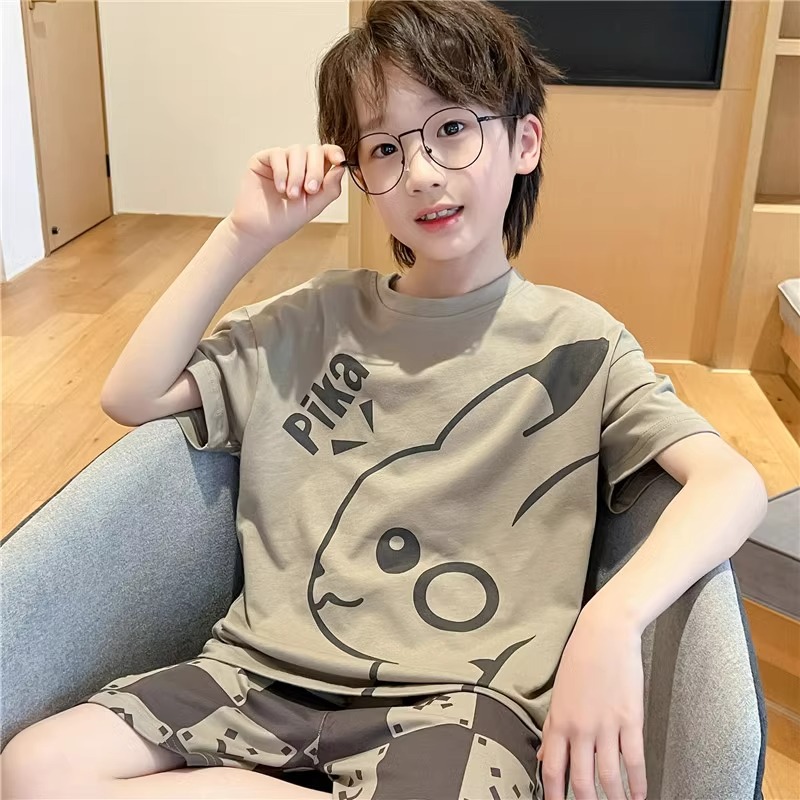 Children's Pajamas Boys' Summer Thin Small Style Junior High School Students Teenagers Short Sleeve suit Little Boy Cartoon Home Clothes