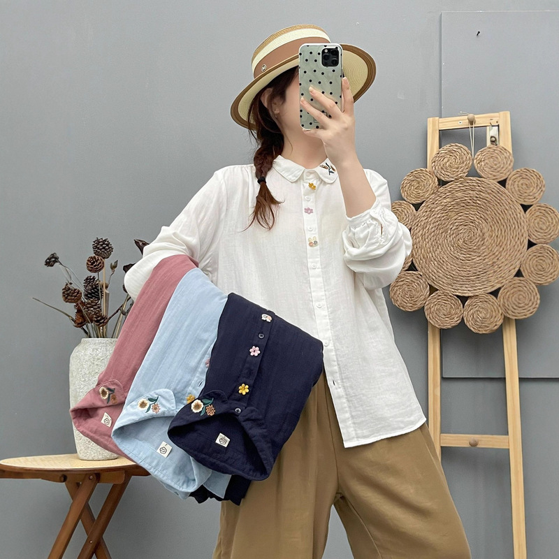 Cotton Long-Sleeve Shirt for Women, New Spring and Autumn Style, Artistic and Fresh, Sunflower Embroidery, College Style Casual Blouse Cotton Long-Sleeve Shirt for Women, New Spring and Autumn Style, Artistic and Fresh, Sunflower Embroidery, College Style Casual Blouse