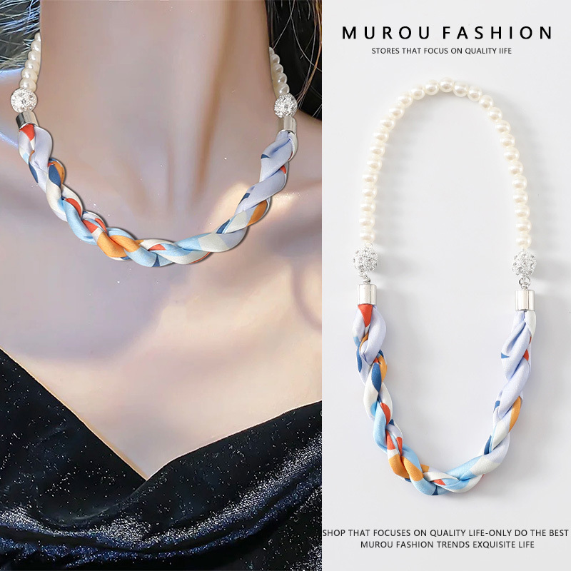 더블 마그네틱 버클 비즈 체인/라이트 블루 여름 상큼한 길이 45cm