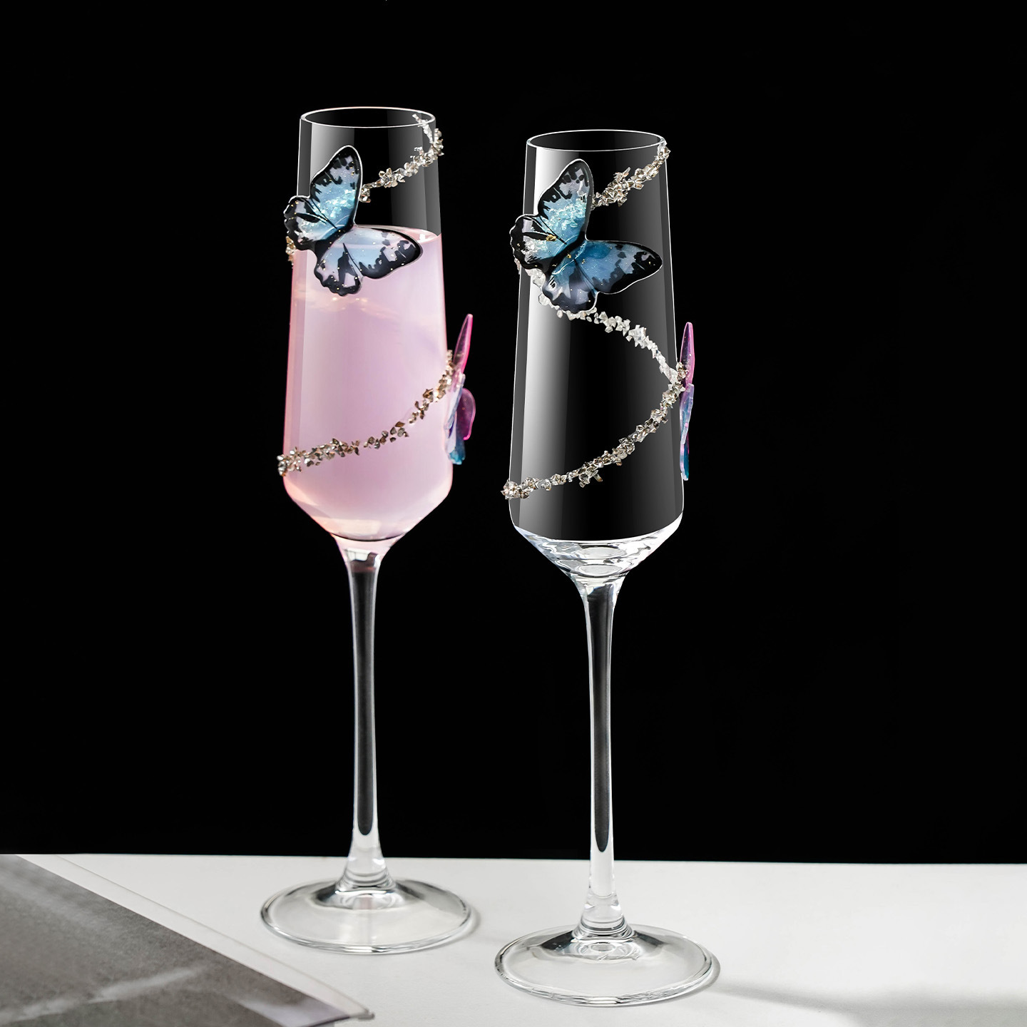 Taza de champagne de alto valor de cara espesa en vidrio de ventana mariposa taza de vino de cristal casero regalo