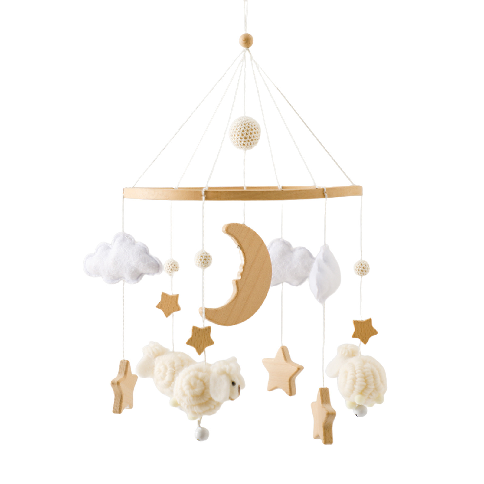 Decoración de la habitación de los niños de estilo nórdico cama colgante de viento carillones de madera anti-estrabismo mano-ojo coordinación estrella Luna ovejas cama Bell