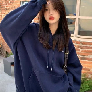 2025新款小个子加绒设计加厚感小众外套卫衣女秋冬连帽藏青色潮慵