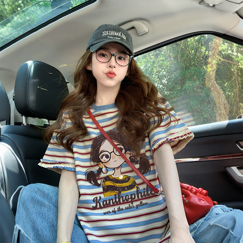 Unique Colorful Striped Pure Cotton Short-Sleeve T-Shirt for Women, Chic Salt-Style Fun Cartoon Graffiti, Loose Fit, Slimming Top, Trendy Unique Colorful Striped Pure Cotton Short-Sleeve T-Shirt for Women, Chic Salt-Style Fun Cartoon Graffiti, Loose Fit, Slimming Top, Trendy