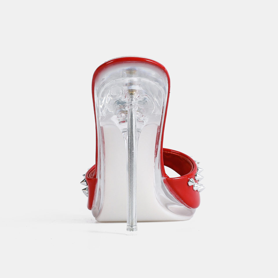 Dép sandal nữ quai ngang gót nhọn 12 cm đính đá pha lê và đinh tán, hở mũi, cỡ lớn — Màu be, Màu bạc, Màu trắng, Màu tím