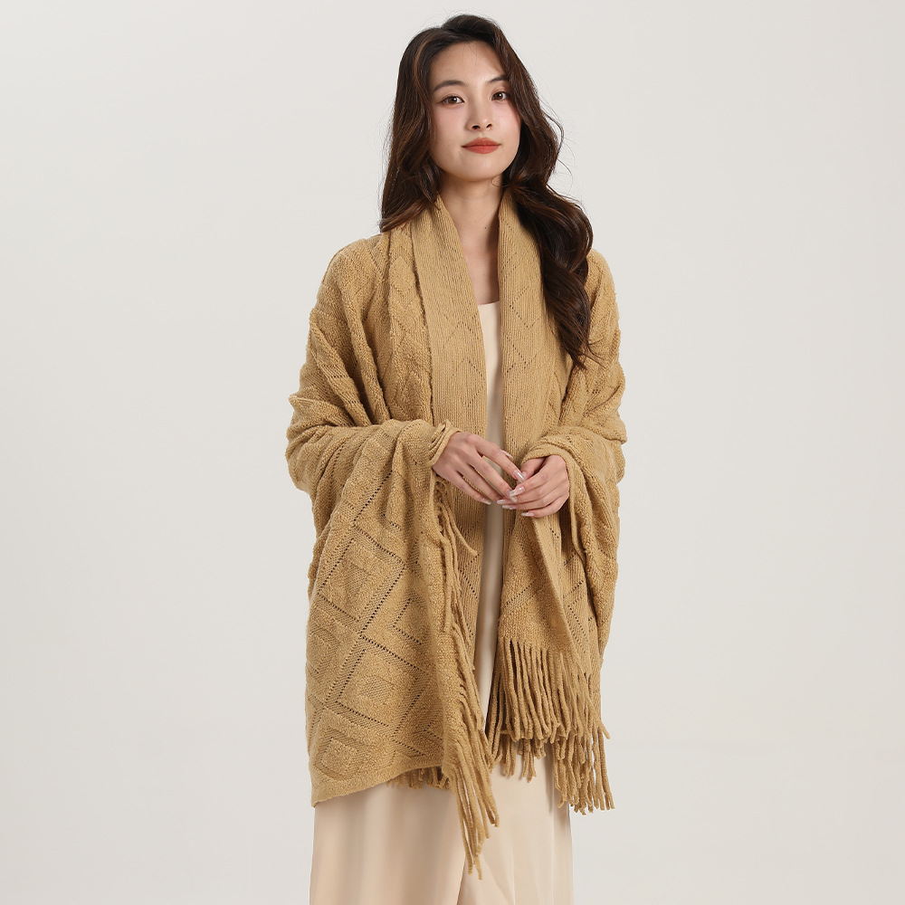 Knitted jacquard checkered blanket shawl_voghion.com