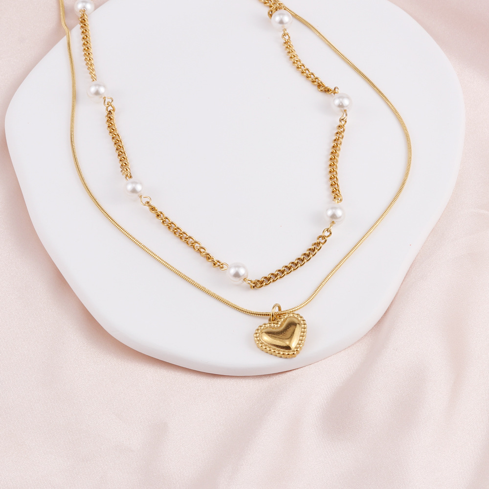 Retro Heart Shape Titanium Steel Plating Layered Necklaces 1 Piece