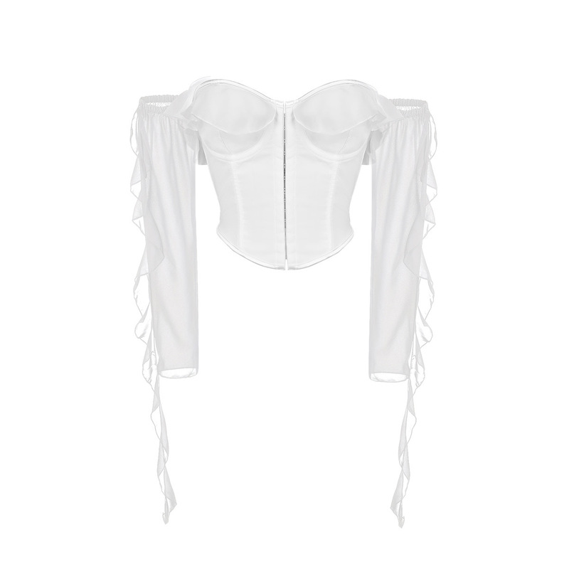 French court-style white long-sleeved fishbone corset outerwear, solid color waist-cinching corset shapewear top wholesaler