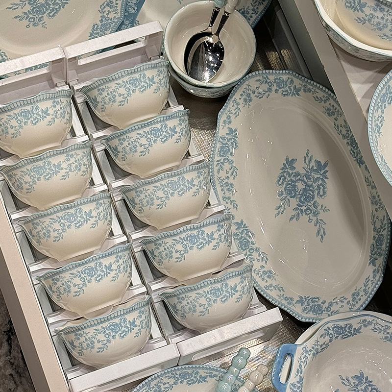 Kangmo Retro Ceramic Bowls and Plates, Single Bowl, Household Tableware, High Aesthetic Value Rice Bowls, Dishes, and Serving Plates