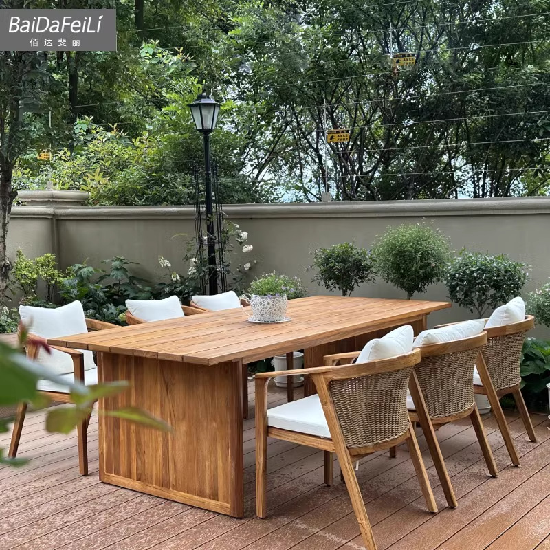 Mesa al aire libre sillas patio terraza villa impermeable al sol mesa larga de teca al aire libre jardín anticorrosivo mesa redonda de madera maciza