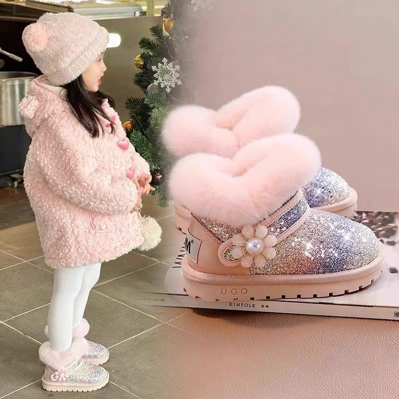 Снежные сапоги для девочек 2024 зимние новые детские большие хлопчатобумажные ботинки осенние и зимние детские сапоги принцессы девушки бархат утолщение