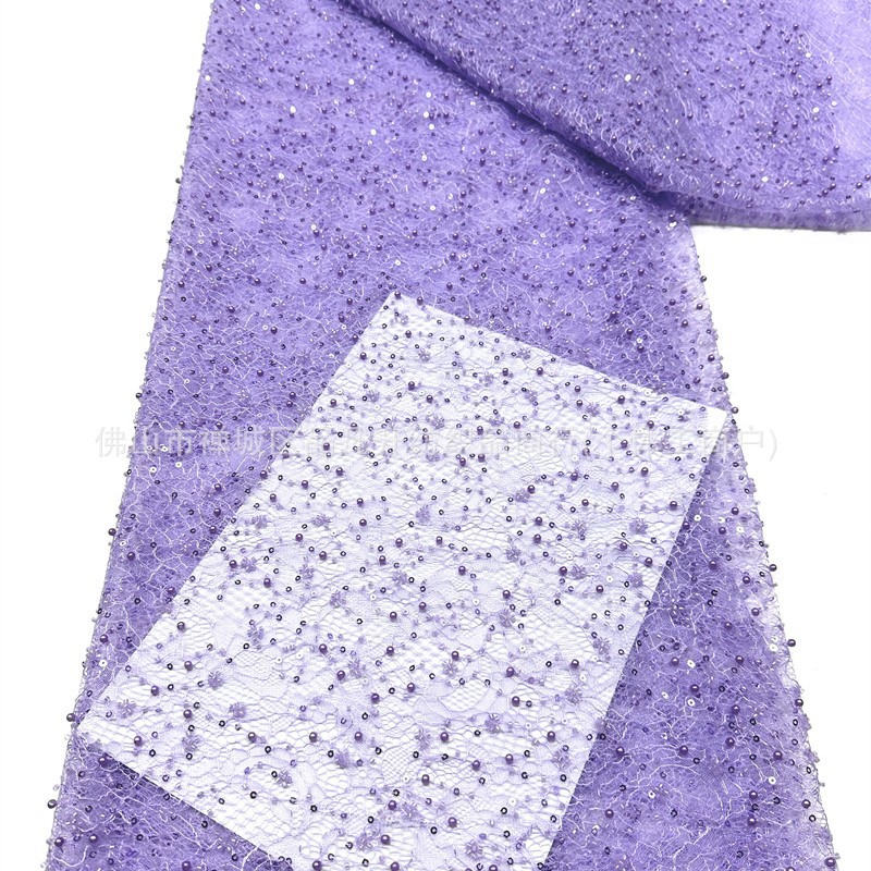 Tejido de encaje de perlas de oro ligero tamaño de perlas sequinado alto vestido de hombro inclinado tejido bordado a mano