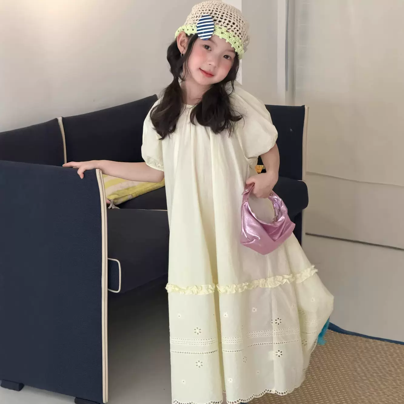 半柚童裙2026夏季女童韩版纯色花边连衣裙儿童镂空泡泡袖公主裙子