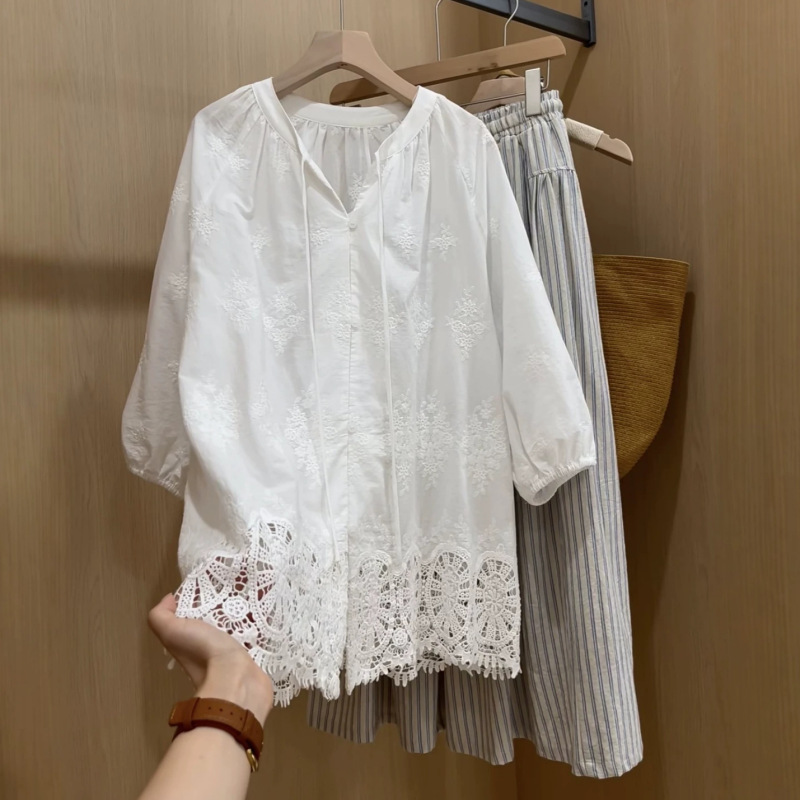 Nanfa Manor Heavy Embroidery Palace Style Tassel Tie Shirt Top for Women Nanfa Manor Heavy Embroidery Palace Style Tassel Tie Shirt Top for Women
