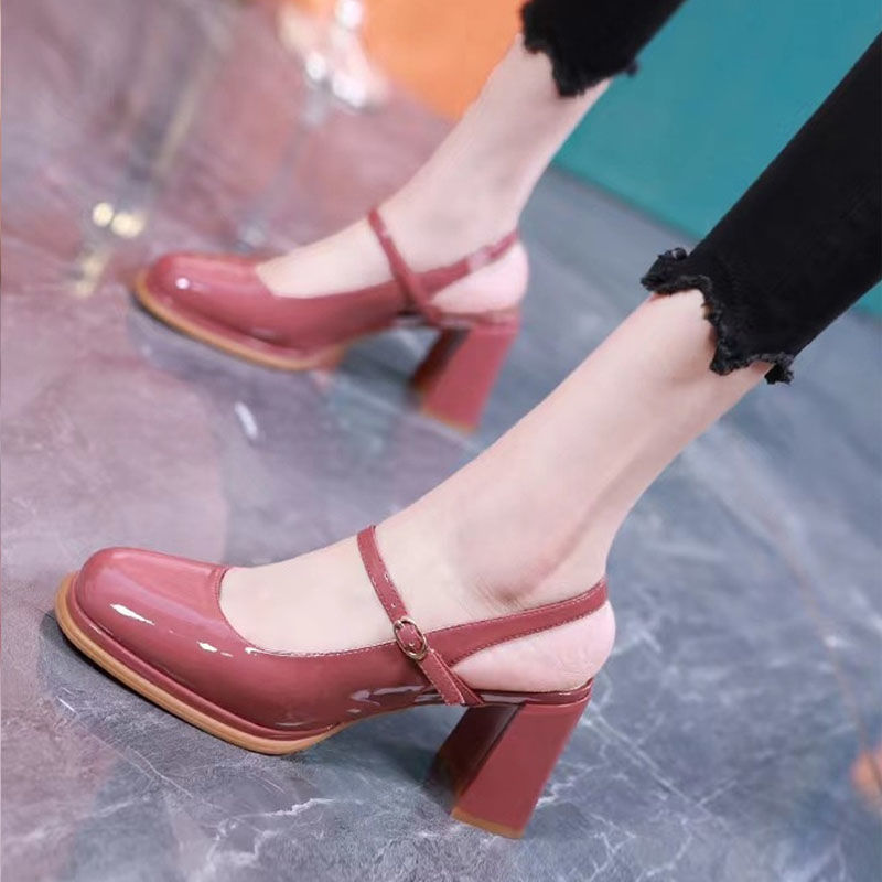2023 Summer New Sandals Women's Square Head Hollow One-Piece Belt Comfortable Root High Heels Waterproof Platform Patent Leather Thick Heel