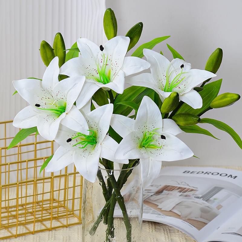 Manufacturer wholesale wedding home decoration fake flower 1 flower 2 buds mini single feel film 3 heads artificial flower lily
