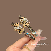 2025年韩版复古时尚豹纹花朵水晶发夹精致百搭高级感鸭嘴夹侧边夹