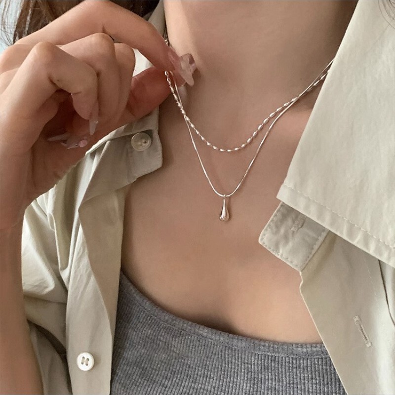 Women's Korean-style minimalist double-layer necklace, Korean-style fashionable all-match high-end fashionable simple niche water drop pendant clavicle chain