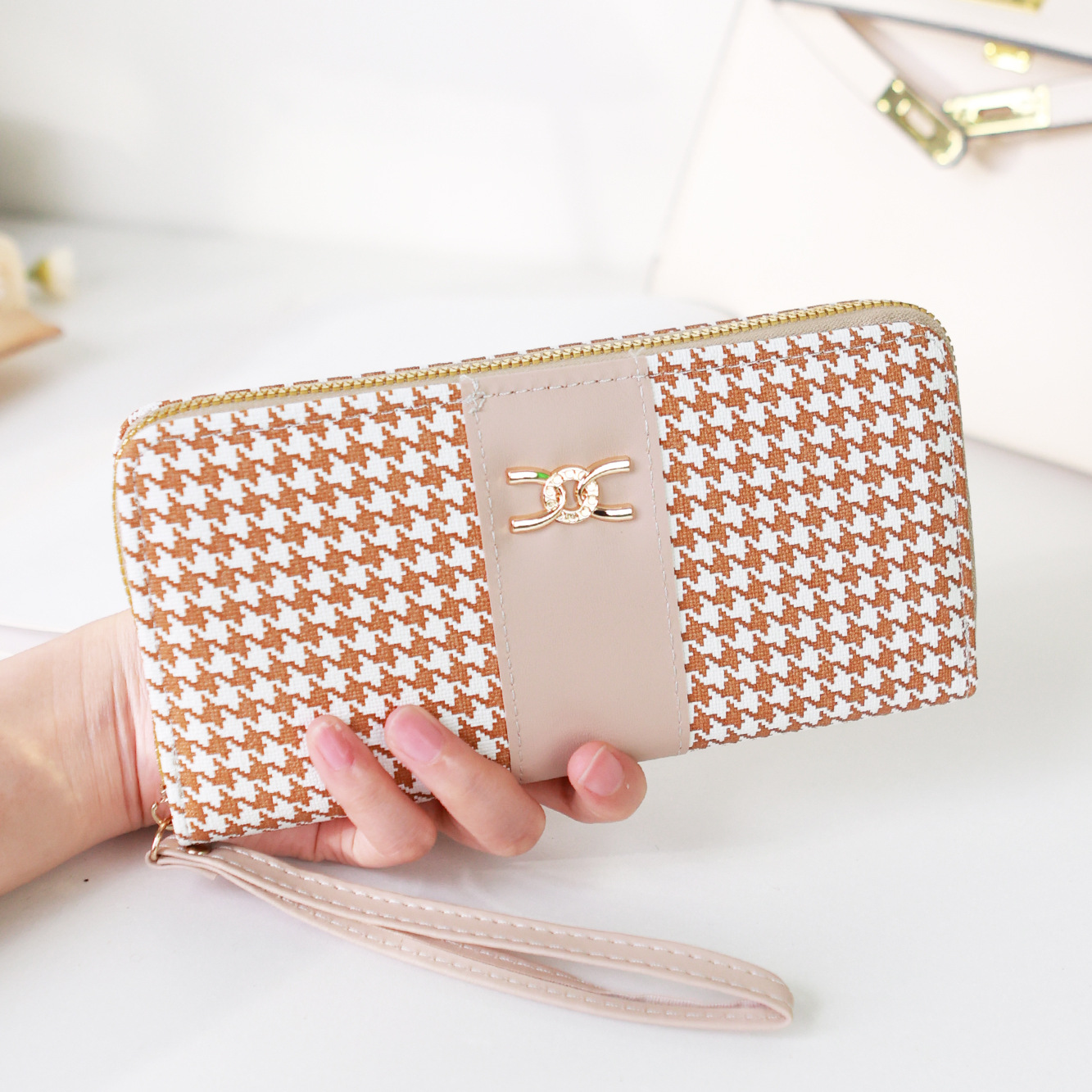 Etiqueta transfronteriza nueva billetera de mujer de pata de gallo billetera larga con estampado de cremallera billetera de moda bolso de tarjeta de teléfono móvil