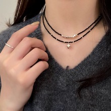 双层黑胆石爱心项链女小众设计感轻奢锁骨链2023年新款网红毛衣链