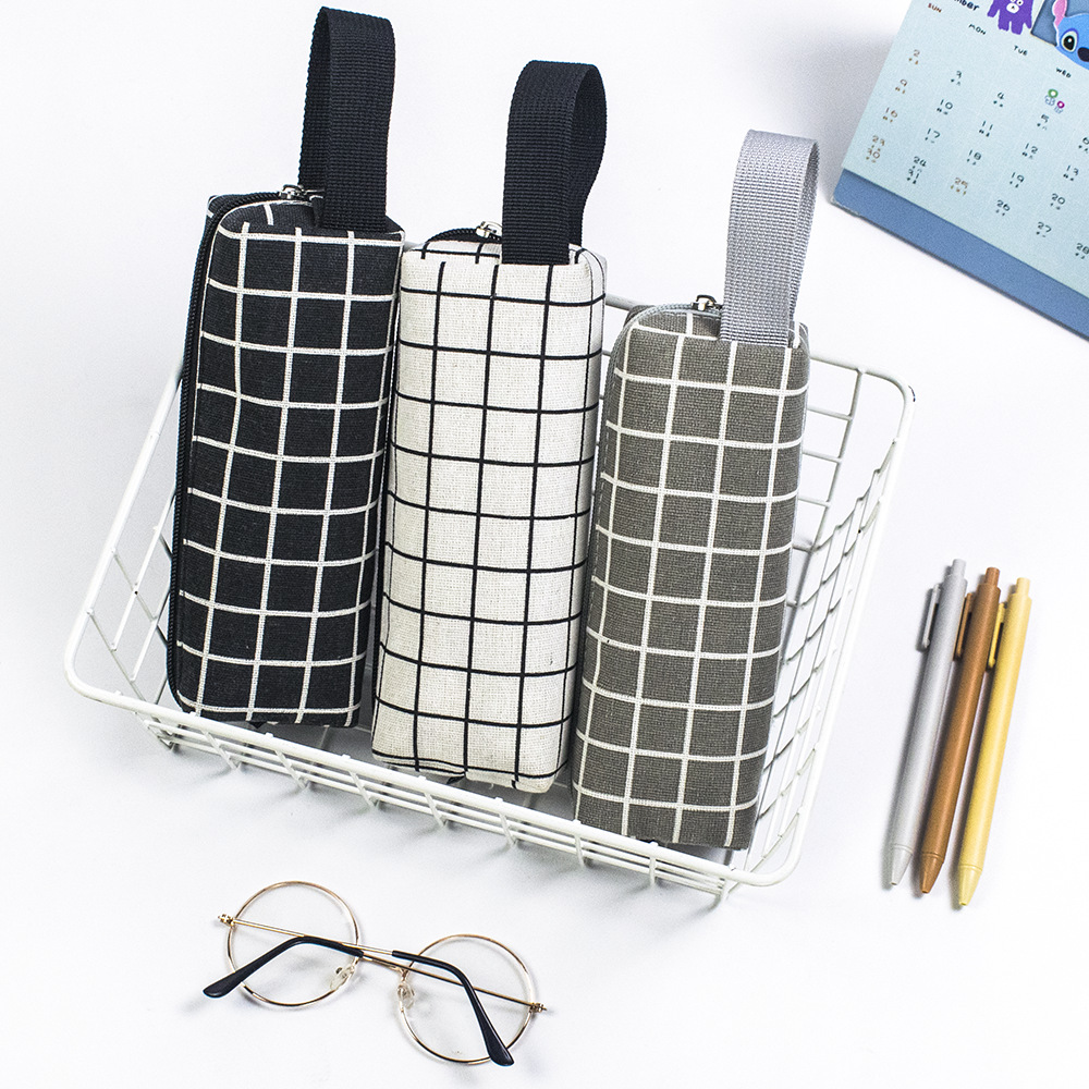 樂彩 簡約ins風大容量帆布 初中小學生手提筆袋 黑白格子帆布筆袋