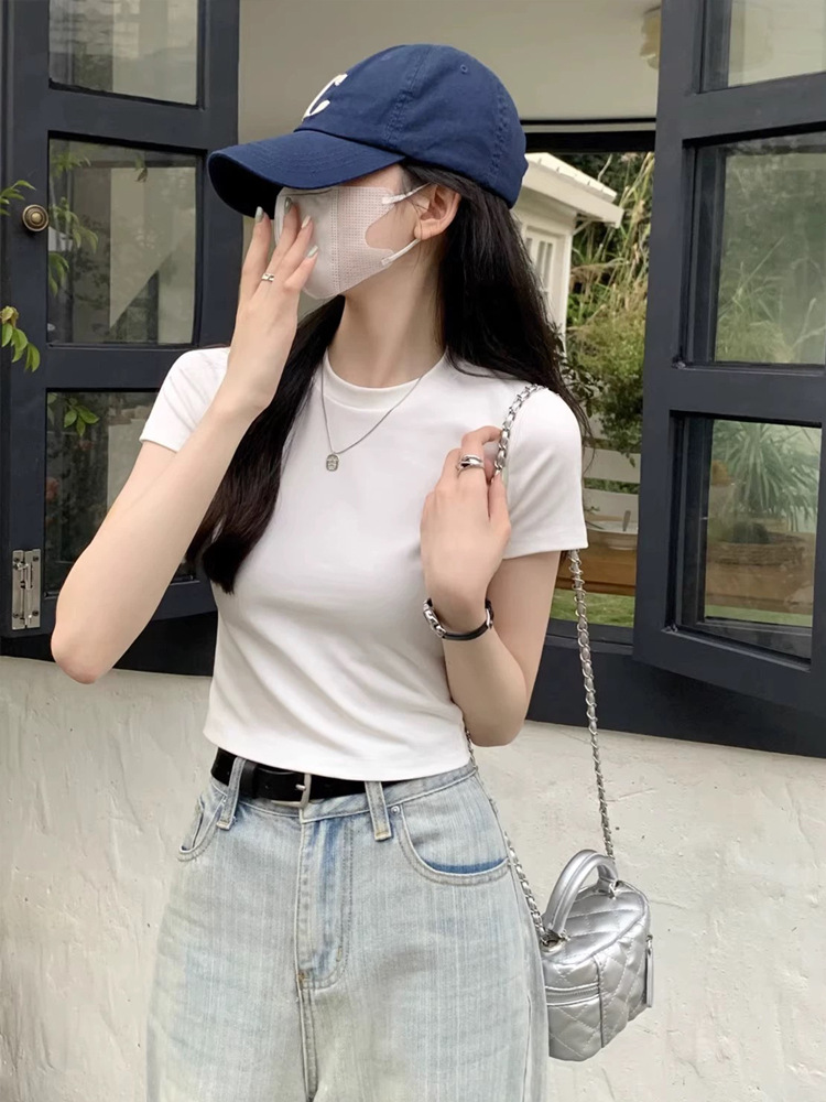 純綿tシャツ女性夏ショート半袖ハイウエストギャル修身着痩せ純色正肩半袖上着ボトムシャツ