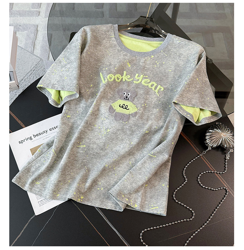 Women's Clothing Casual Fashion Sports Suit For Women Summer New Round Neck Bear Embroidery Tie Dye Top Loose Jeans Two Piece Suit_ecoleips.com