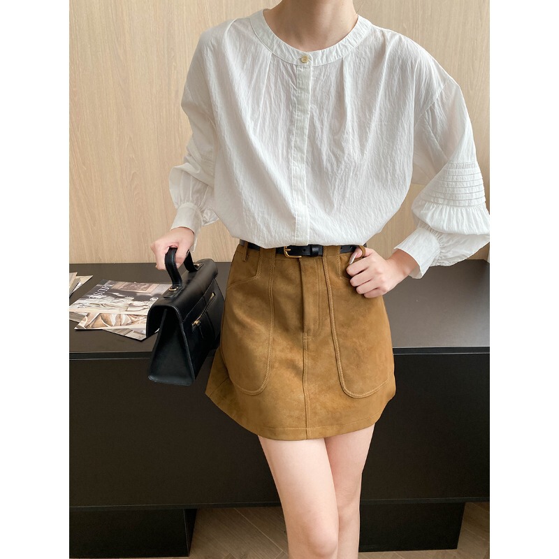 Sinan Early Autumn New Collection Tencel Lyocell Commuting Pleated Round Neck French Shirt Design Sn7863