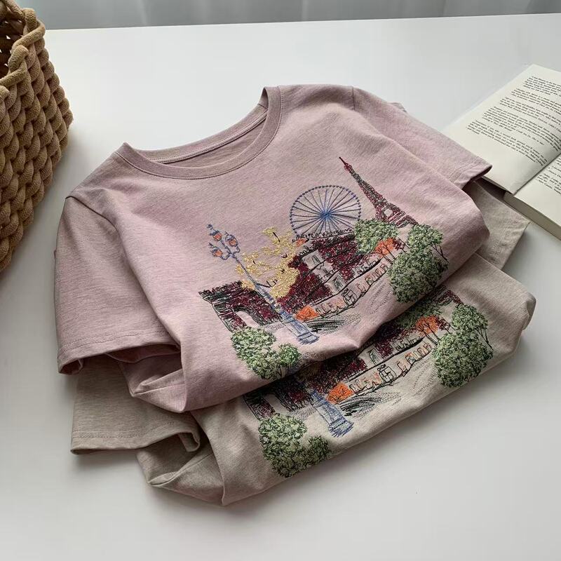 13-Color Ultra-Heavy Embroidery Cotton Round-Neck Short-Sleeve T-Shirt for Women, Summer 2026, Regular Shoulder, Slimming Korean Style Casual Top