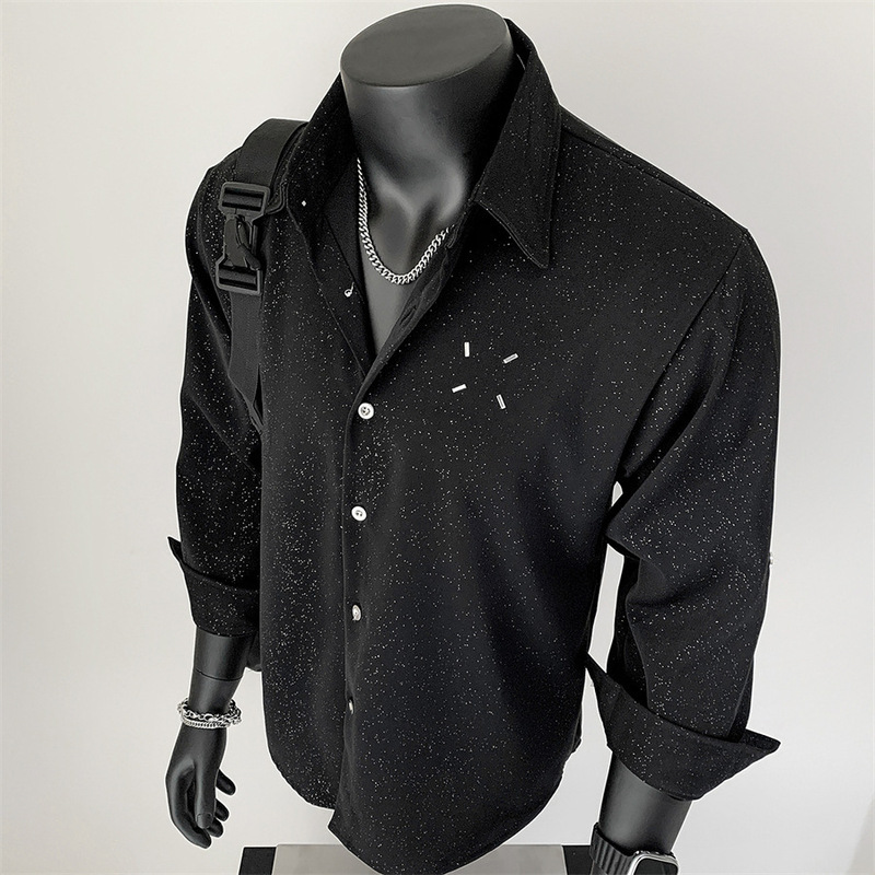Men's Long-Sleeve Loose-Fitting Commuter Shirt with Starry Sky Design, Trendy Casual Style, Padded Shoulders, High-Quality Drape, Thin Lapel Shirt