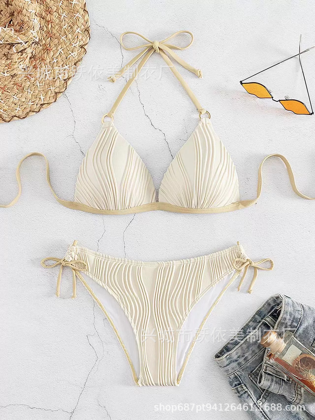 欧美新款游泳衣跨境性感分体带胸垫比基尼糖果色波浪法式三点详情7