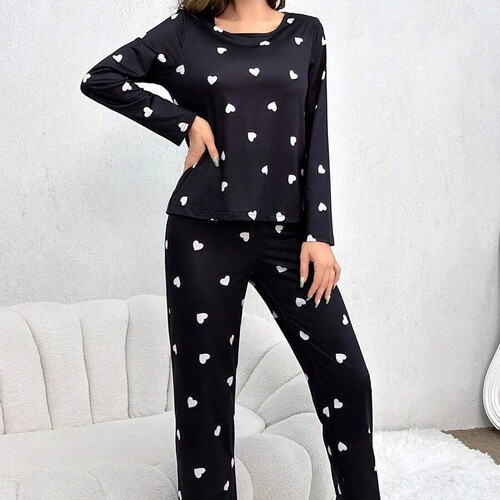 Women's pajamas, love printed round collar, long-sleeved trousers, autumn and winter suit, milk silk fabric