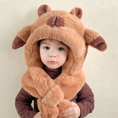 卡皮巴拉帽子儿童帽子围巾一体男孩秋冬季捏耳朵会动的女头套冬天