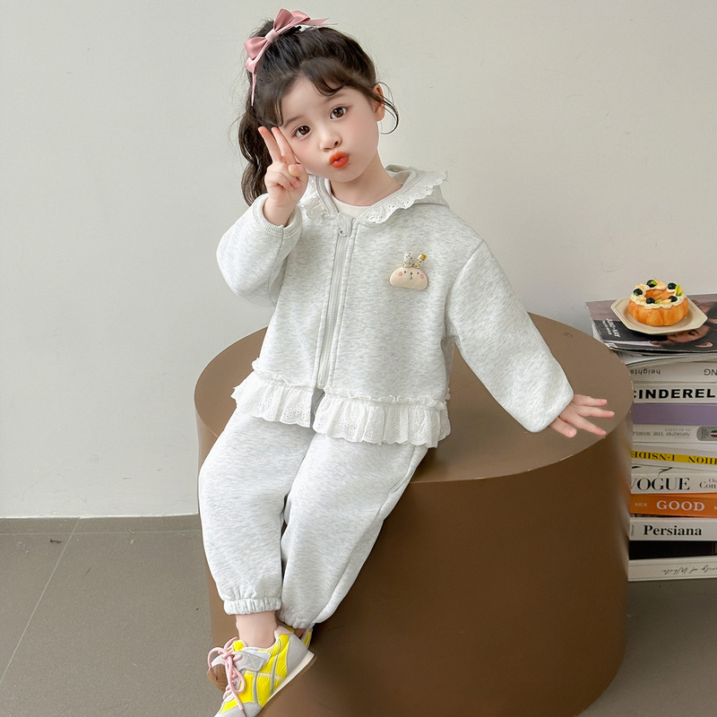 女童花边连帽套装春秋款2025新款儿童韩版时尚小女孩洋气两件套潮|undefined