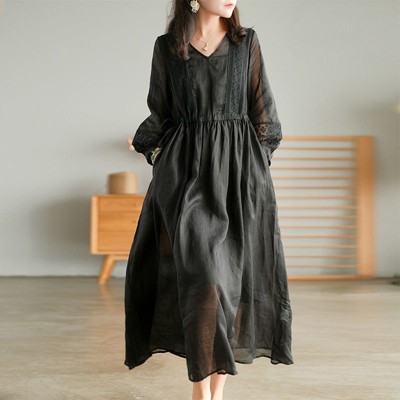 8899 # Comfortable, Stylish, Simple, Three-Quarter Sleeve, Artistic Style, Tie-Waist Dress, Long V-Neck, Fresh and Light