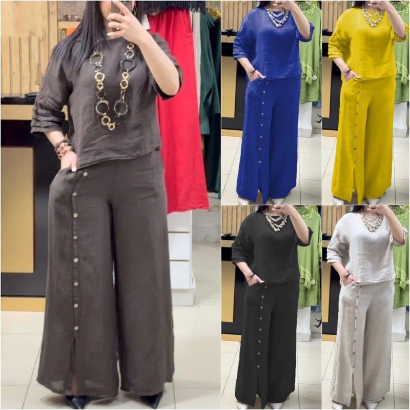 2026 Amazon Cross-Border Women's Fashion Casual Loose Solid Color Cotton and Linen Short-Sleeved Shirt and Long Pants Two-Piece Set 2026 Amazon Cross-Border Women's Fashion Casual Loose Solid Color Cotton and Linen Short-Sleeved Shirt and Long Pants Two-Piece Set