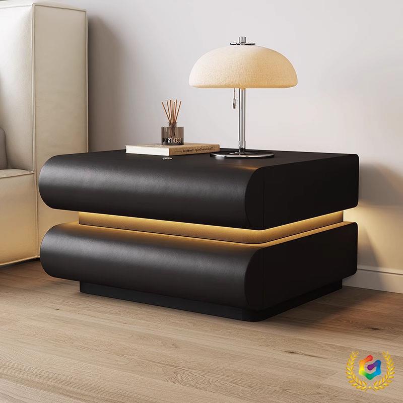 卧室家用网红奶油白色带灯床头柜意式皮质黑色实木床边收纳储物柜