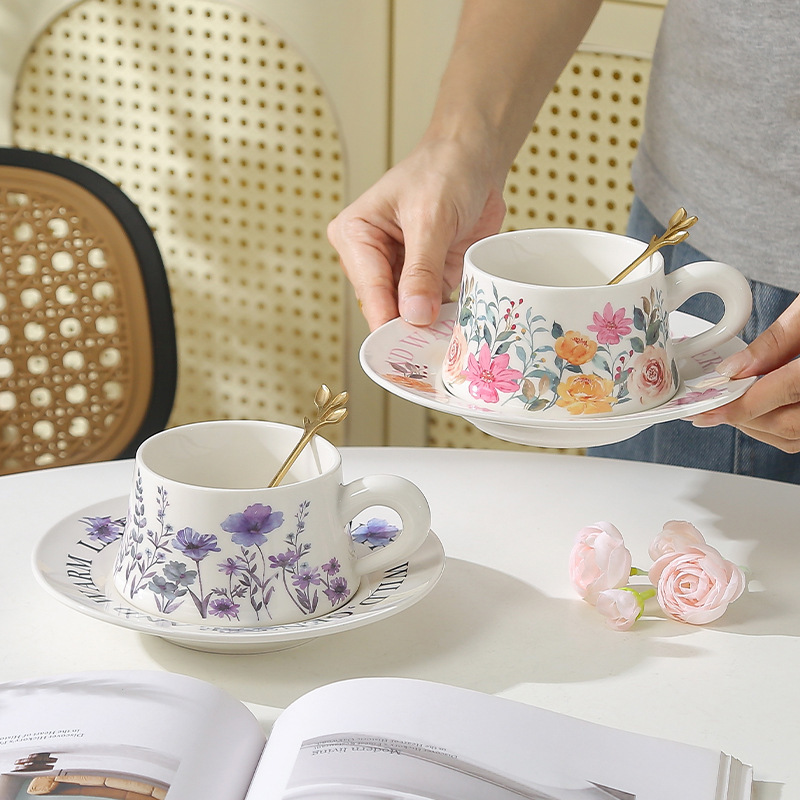 Retro estilo alto valor de la cara hacia el sol flores taza de café set de plato de cerámica para chicas regalo de cumpleaños