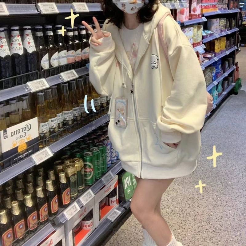 日系可爱甜美星星小狗刺绣宽松百搭连帽开衫女卫衣潮春夏薄款|undefined