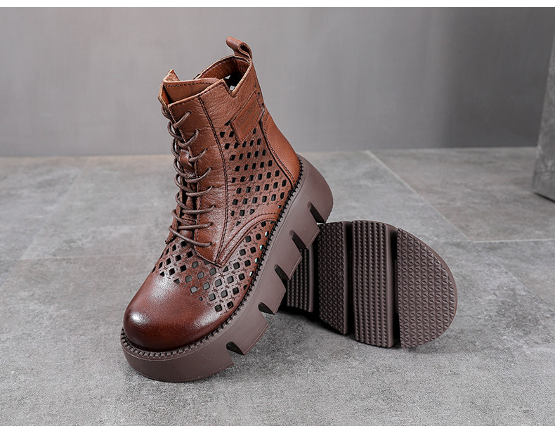 Giày boot nữ cổ cao da bò thật đế bánh xốp dày — Màu nâu chi tiết 10