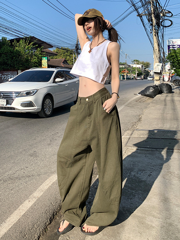 オレンジシルクの女性服 # アメリカンレトロシミタージーンズ新しい夏のニッチデザインワイドレッグルーズバナナパンツ|undefined