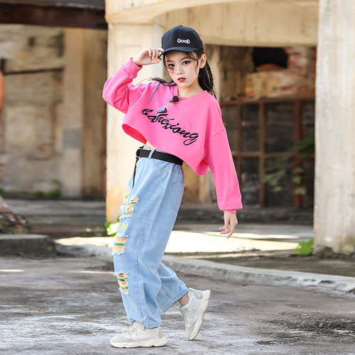 pink jeans Rapper singers hiphop costumes for girls children street dance clothing hip-hop jazz girls  performing acrobatics show girl 